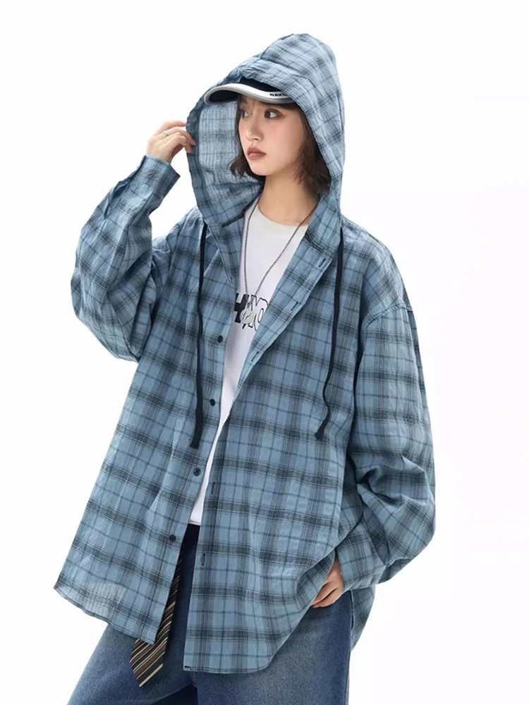 

Streetwear Sun Proof Plaid Shirt Women Vintage Oversize Long Sleeve Y2K Hooded Blouse American Harajuku Thin Bf Retro Casual Top