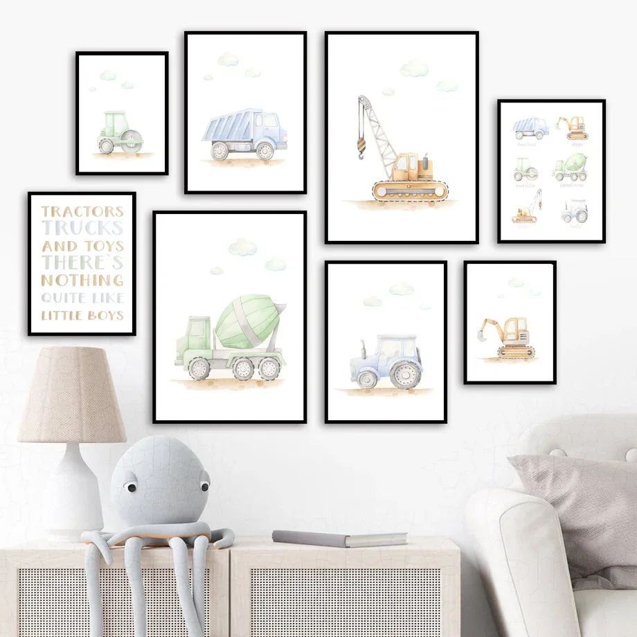 Truck Digger Road Roller Crane Tractor Boy Wall Art Canvas Painting Nordic Posters And Prints Wall Pictures Baby Kids Room Decor