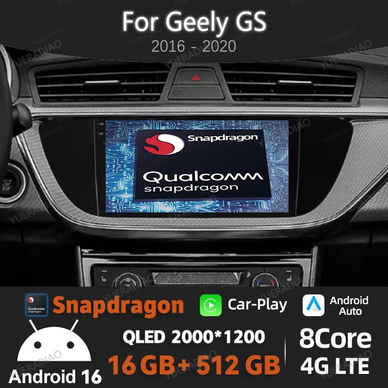 Autoradio Android 16 pour Geely GS 2016 - 2020 Emgrand EC7 1 2018 - 2020 Lecteur vidéo stéréo multimédia GPS NAVI Qualcomm BT QLED