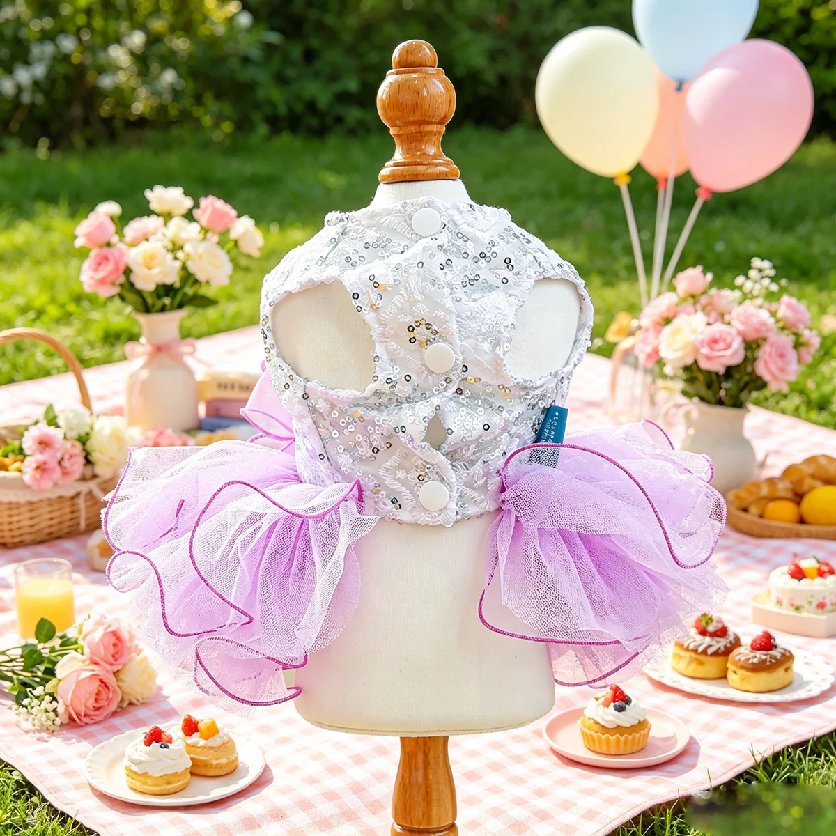 Luxuriöses Pailletten-Tüllkleid, Traumhaftes Hochzeitsoutfit für Kleine Hunde und Katzen, Passend für Teddy, Bichon, Pomeranian, Yorkshire, Malteser – Detail 6