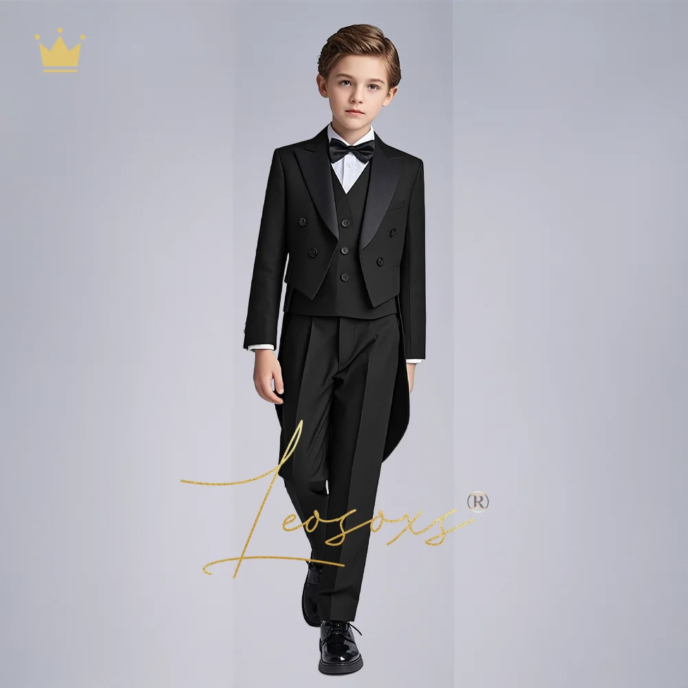 

Boys 3-Piece Dark Long Tailcoat Set with Black Satin Lapel - Elegant & Fashionable for Grand Galas and Formal Balls