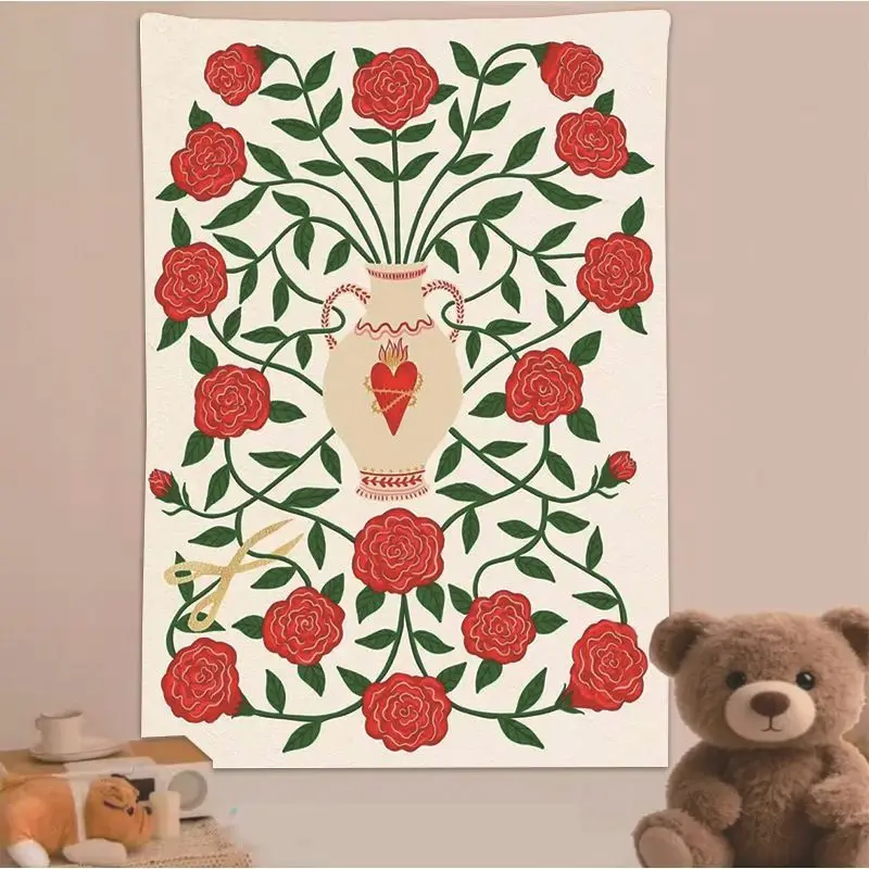 VIKAMA Retro Cat Rose Heart Tapestry Kawaii Floral Wall Hanging Aesthetic Girls Bedroom Dorm Decor Vintage Photo Backdrop Cloth