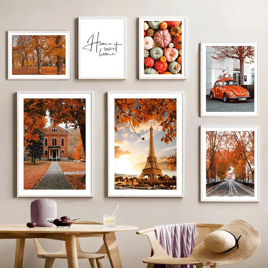 Paris Tower Pumpkin Forest Leaf Car Autumn Poster Drucke Leinwandgemälde Nordic Wandkunst Bilder für Wohnzimmer Home Decor