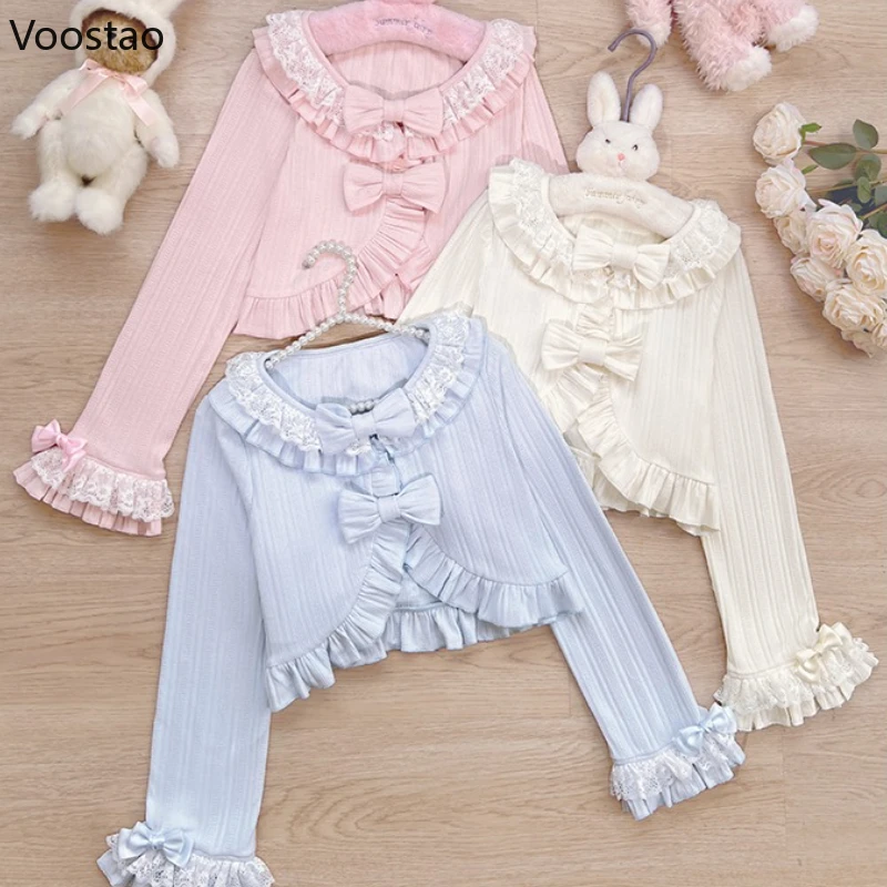 Japanse Kawaii Lolita Stijl Gebreid Vest Vrouwen Zoete Boog Ruches Kant Patchwork O-hals Trui Jas Casual Elegante Leuke Top