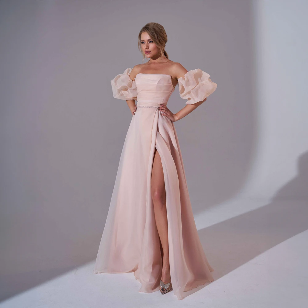 

Pink Boat Collar Organza Pleated Belt Prom Dress for Women Side Slit A-line Court Evening Gown with Puff Sleeve vestidos de gala