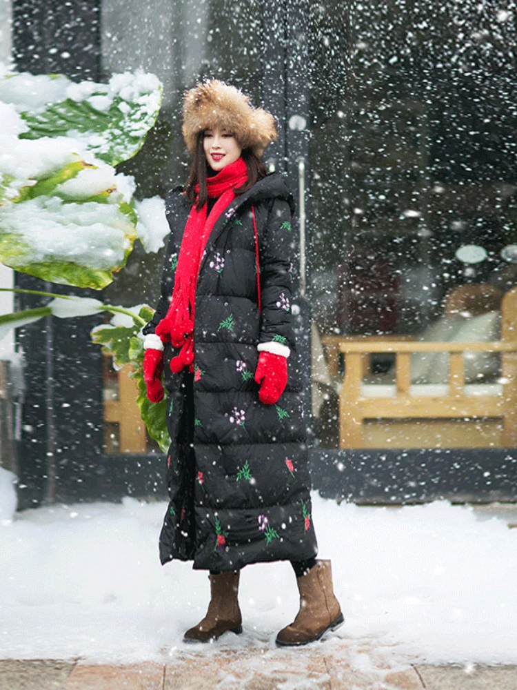 AIGYPTOS-abrigos de invierno para mujer, chaqueta gruesa con capucha y bordado Floral, color negro/blanco