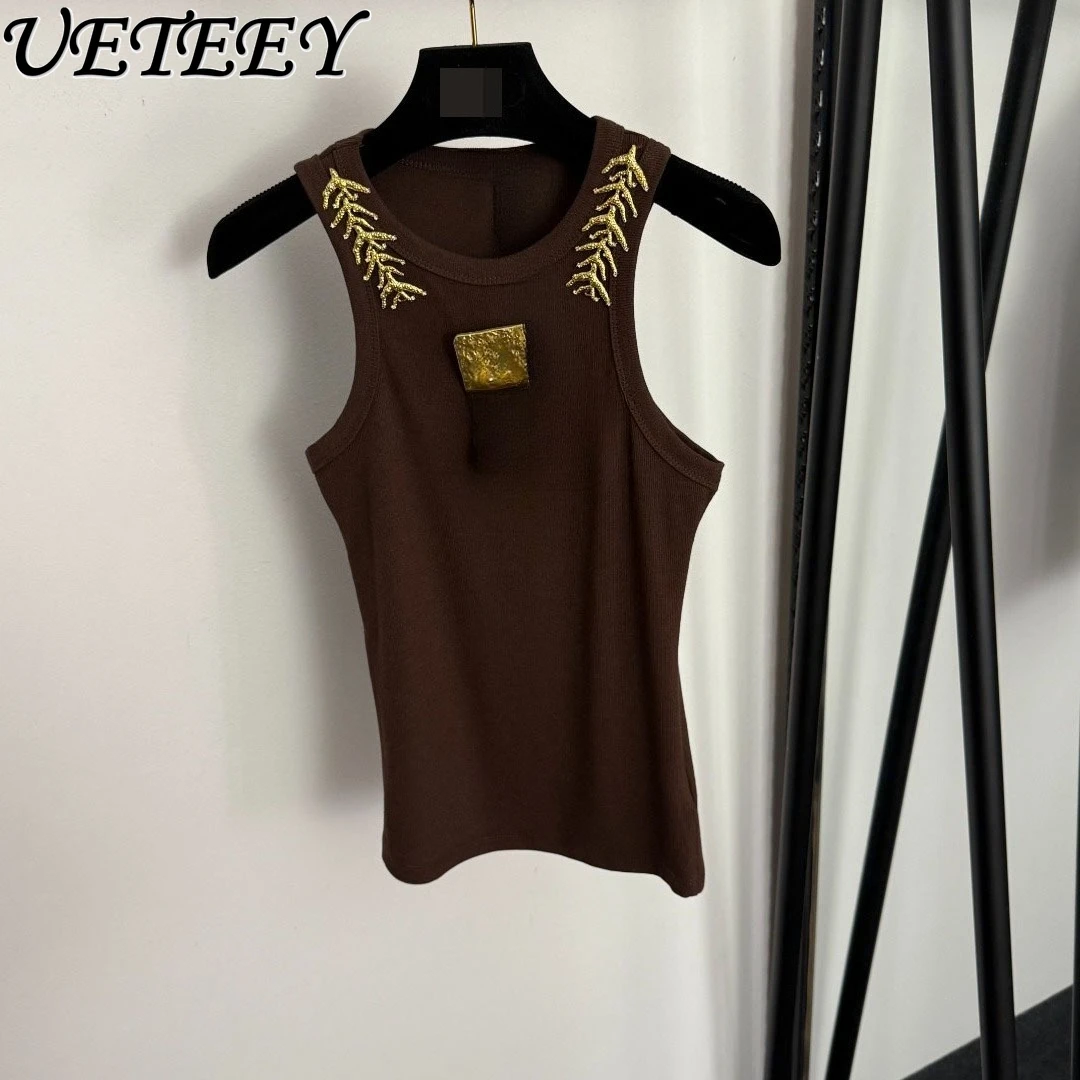 

Элегантный облегающий сексуальный топ с металлическим декором, подчеркивающий фигуру, летняя новинка, эластичный белый топ Y2K для женщин