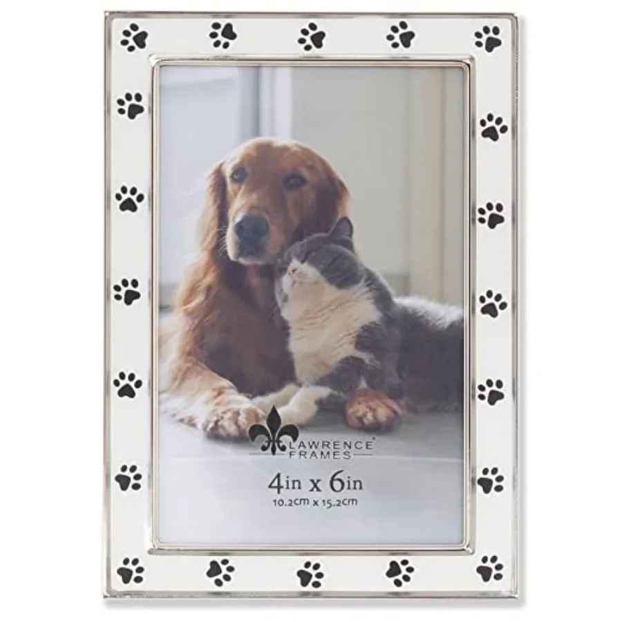 

4x6 Silver Metal and White Enamel Picture Frame, Paw Print Design