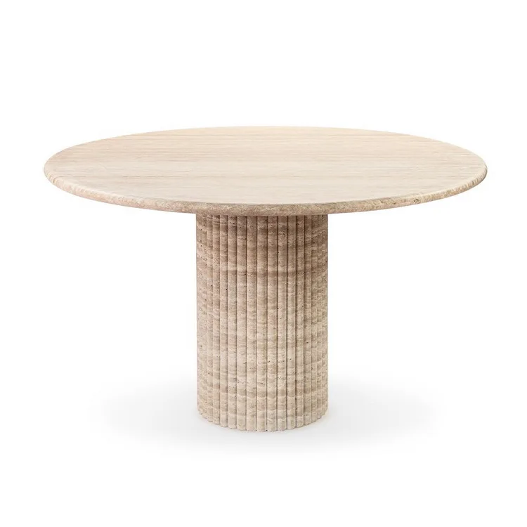 Cava Fluted Round Beige Travertine Dining Table Living Room Stone Furniture Travertine Dining Table