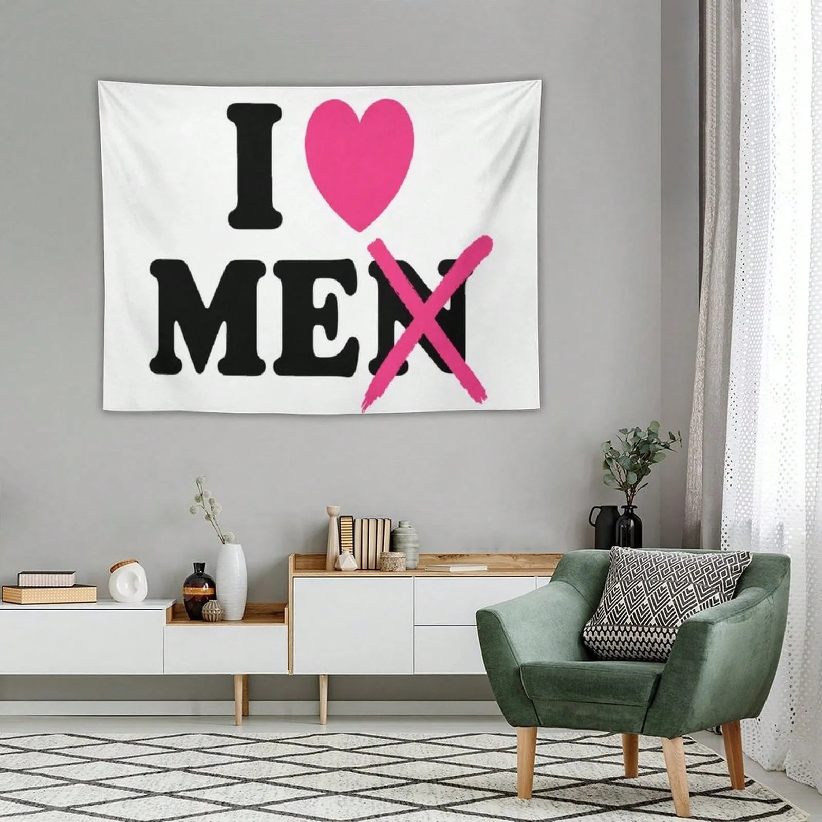 1pc I Love Men Funny Tapestry, Pink Heart Cross Out Graphic Wall Hanging, Y2K Sarcastic, Home Decor For Living Room Bedroom Dorm