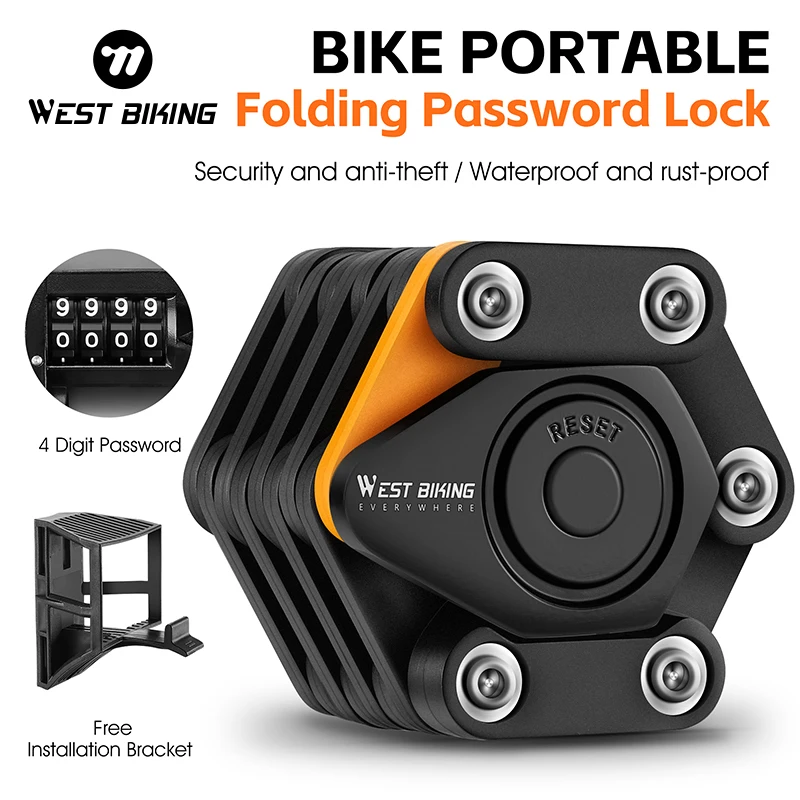 WEST BIKING Bicycle Folding Lock 4 Code Digits Anti-theft Lock Portable E-Bike Scooter Password Foldable Lock Cycling Accessory