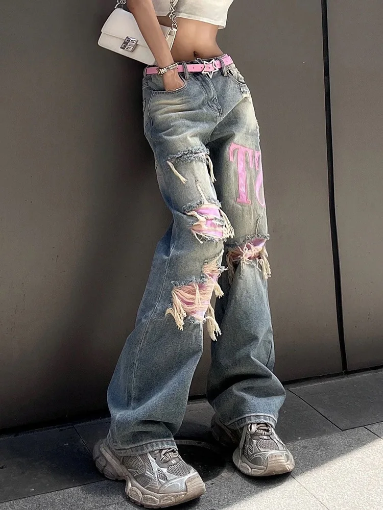 Vintage Blue Ripped Baggy Jeans Women Denim Trousers 2000s High Waist Y2k Streetwear Female Punk Wide Leg Pants Female Clothes