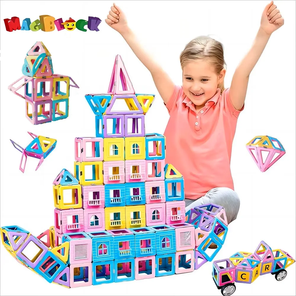 Magblock Magnetic Tiles with 2 Cars 156Pcs Magnet Toys Set for 3+ Year Old Boys Girls Magnetic Blocks Building Educational Toys