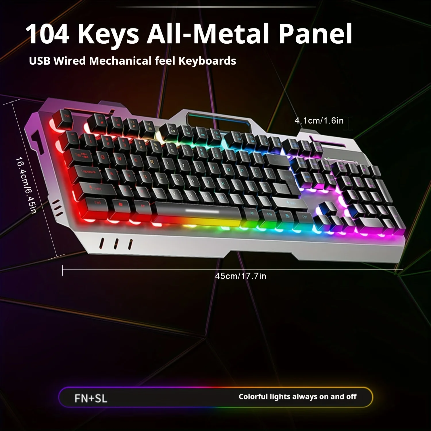 EWEADN GX80Z Gaming Membrane Keyboard, 104Keys Wired All-Metal Panel Silent with LED Backlit, Esports, Home Use, School, Laptop