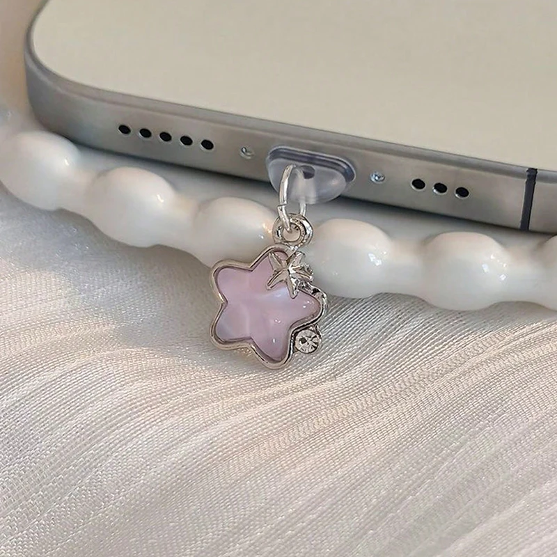 Adorno de tapón de puerto de carga con estrella de diamante, elegante para damas, para iPhone Type C Micro USB, protección contra polvo, colgante para regalo 4