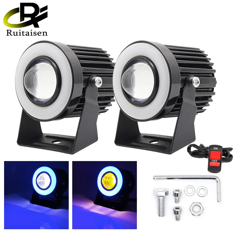 Universal Motorcycle LED Headlight Projector Lens Angel Eyes Dual Color ATV Scooter Driving Light Auxiliary Spotlight Lamp