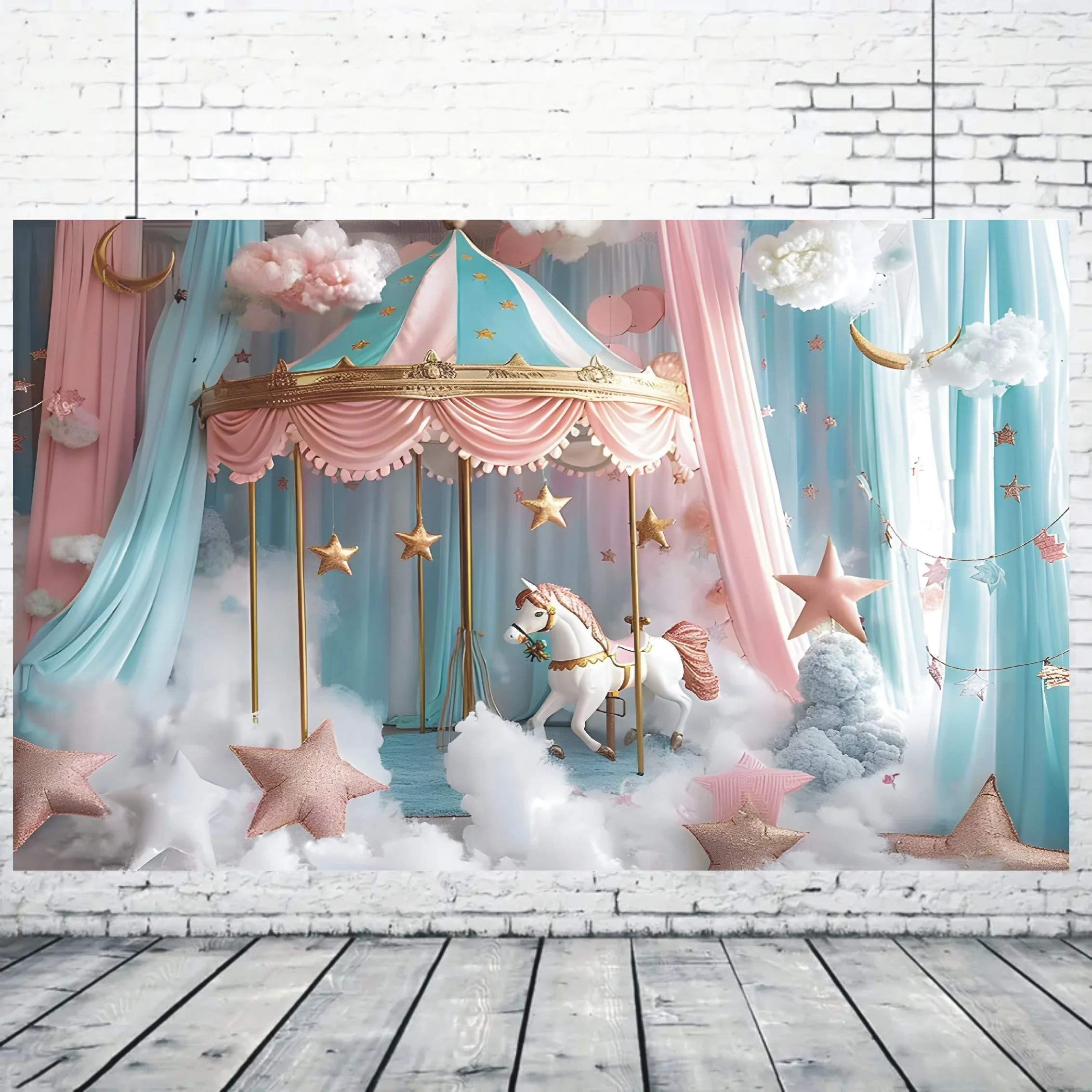 

VIKAMA Photography Background: Pink Carousel Decoration For a Princess Girl's Birthday Party Background, Machine-Washable