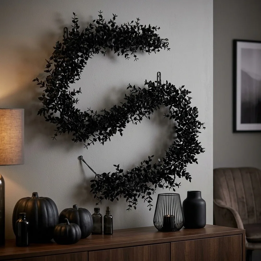 For Halloween Wedding Decor Black Eucalyptus Leaves Halloween Home Decor Lifelike Silk Flower Design Injection Molding Craft
