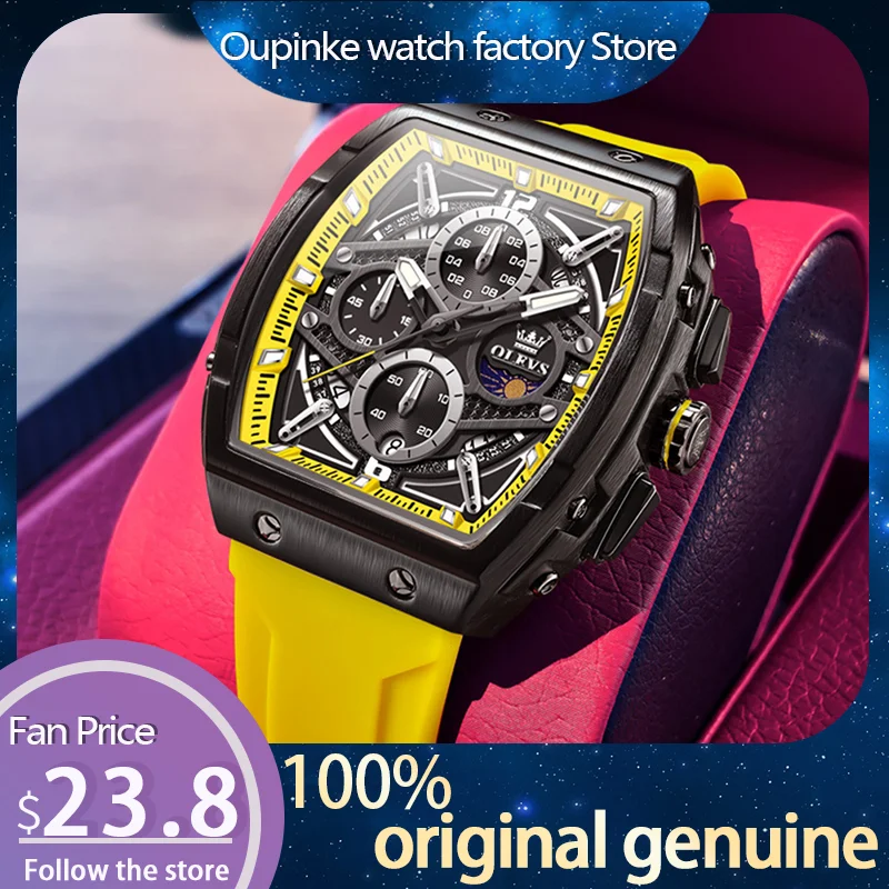 

Брендовые мужские часы OLEVS 2975, модный хронограф с фазой Луны, светящиеся кварцевые часы для мужчин, водонепроницаемые оригинальные наручные часы Tonneau