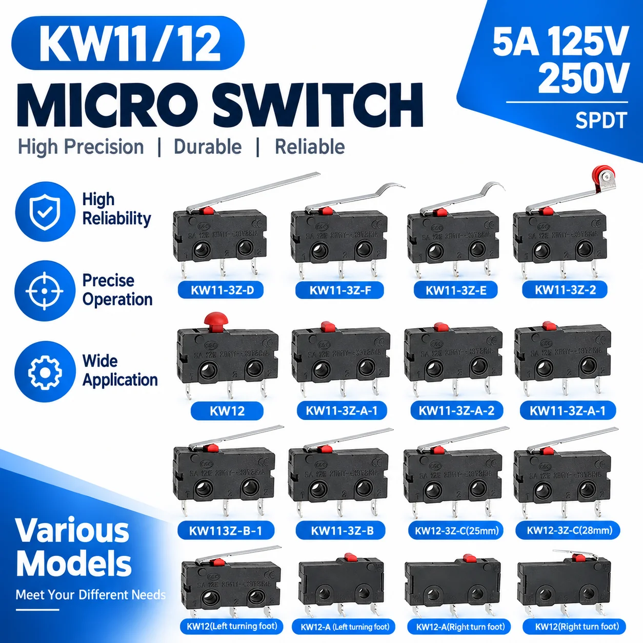 10/30PCS KW11‑3Z KW12 Micro Limit Switch 2/3Pin NO NC COM 5A 250VAC Snap Action Microswitch With Different Lever Arms