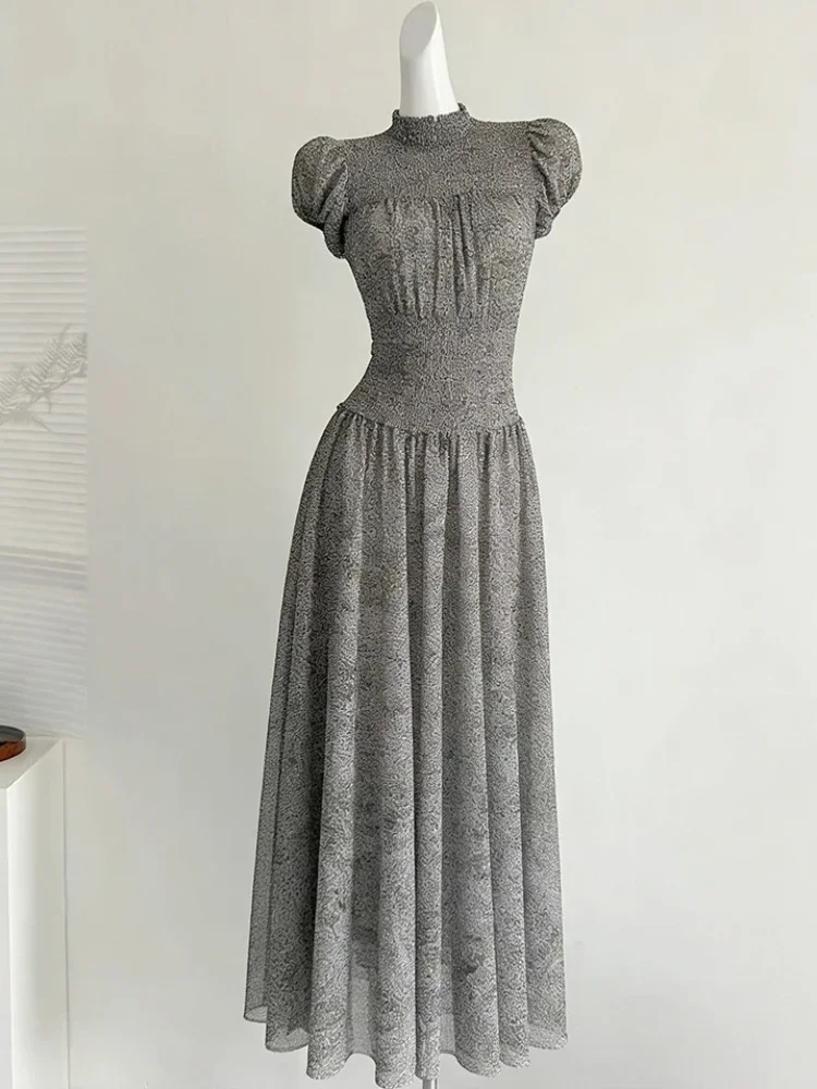 2026 Half High Collar Vintage Printing Dresses Grunge Y2k Aesthetic A-Line Pleated Vestidos Harajuku Woman Puff Sleeve Dress