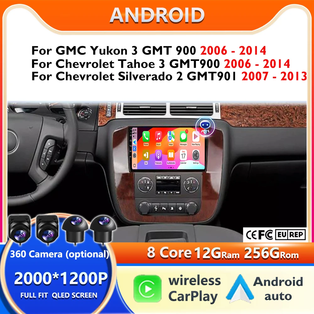 

HD Android Auto For GMC Yukon 3 GMT 900 ForChevrolet Tahoe 3 2006 -2014 Car Radio MultimediaVideo Player Navigation No 2din WlFl