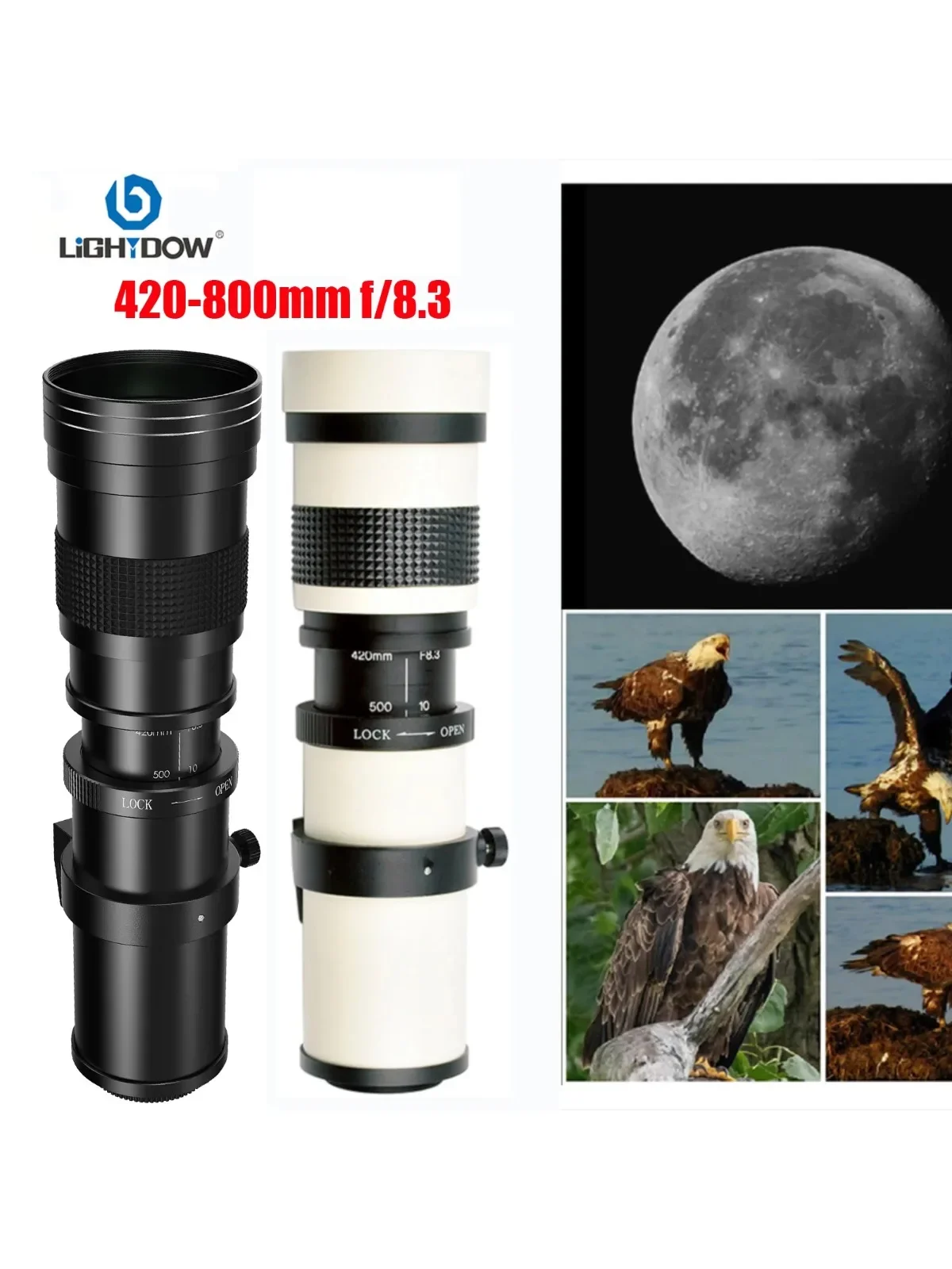 Lightdow 420-800mm f/8.3 Zoom manuel Super téléobjectif + monture en T (cadre complet) pour Canon Nikon Sony Fuji M43 monture Pentax L