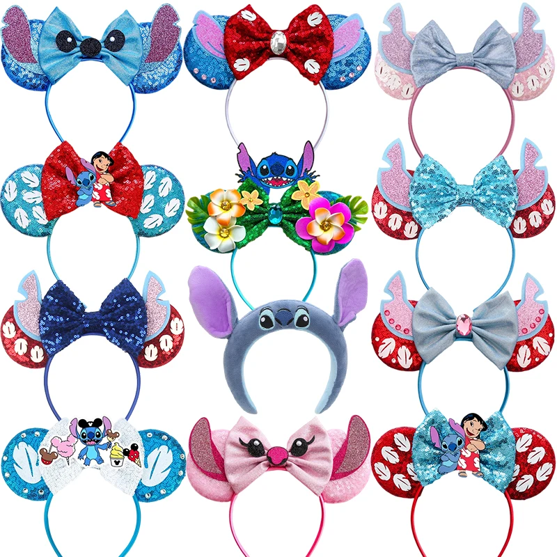 Disney Lilo & Stitch Ears Headband Women Sequins Bow Hairbands Girl Mickey Minnie Hair Accessories Daisy Duck Headwear Kids Gift