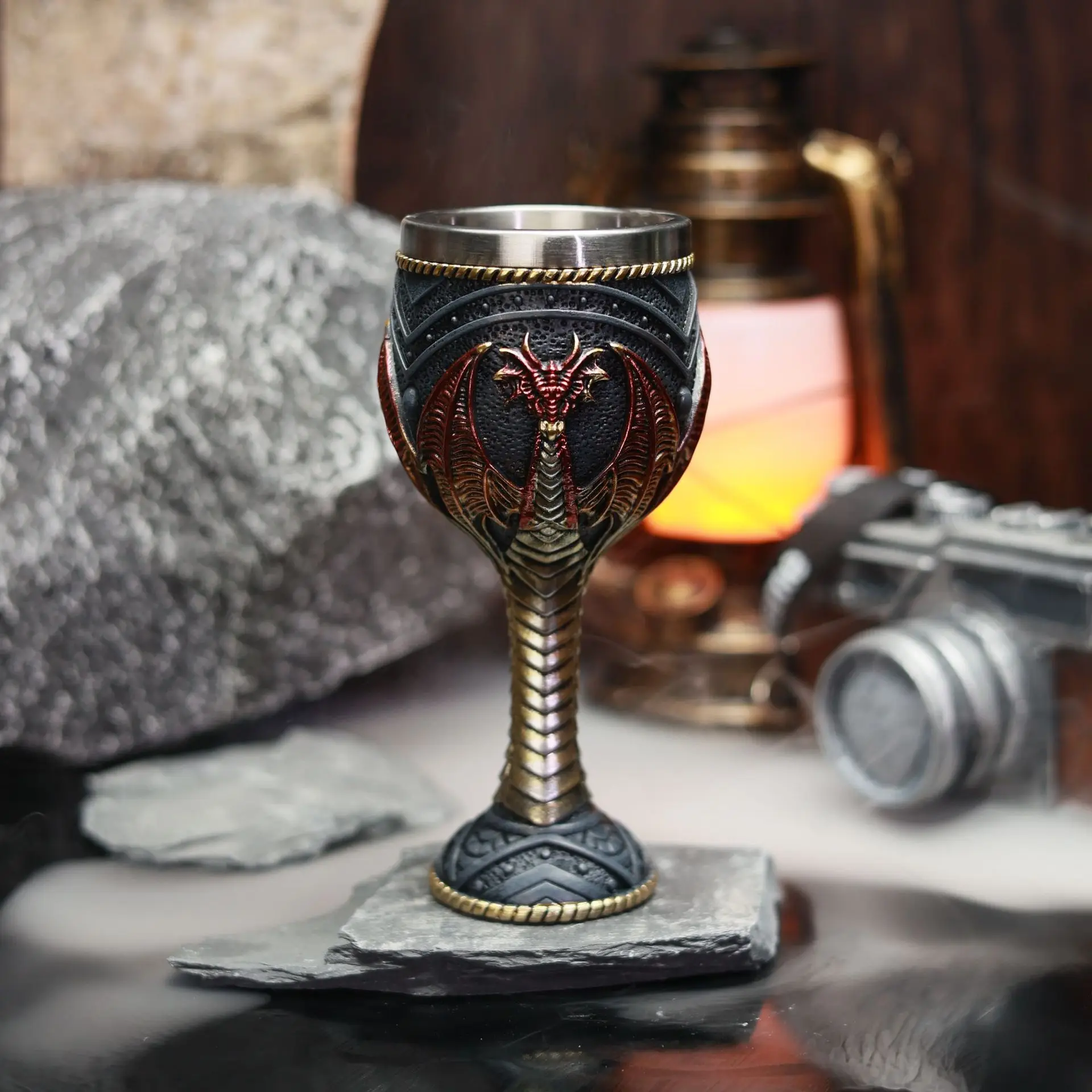 Retro Dragon Stemmed Cup - 3D Relief Resin Stainless Steel Personalized Bar Wine Glass Cross-border New Western Style Drinkware