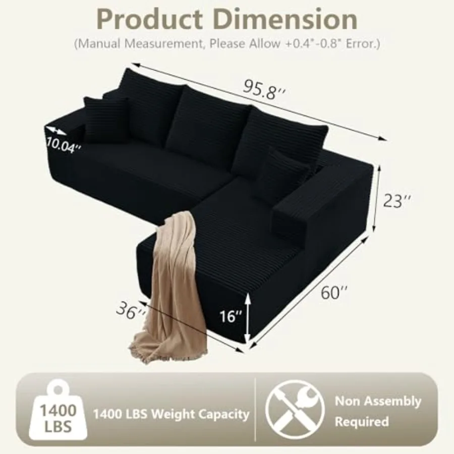 Living room bedroom sectional couch, corduroy upholstery, cloud gray, deep seat comfort and no assembly required