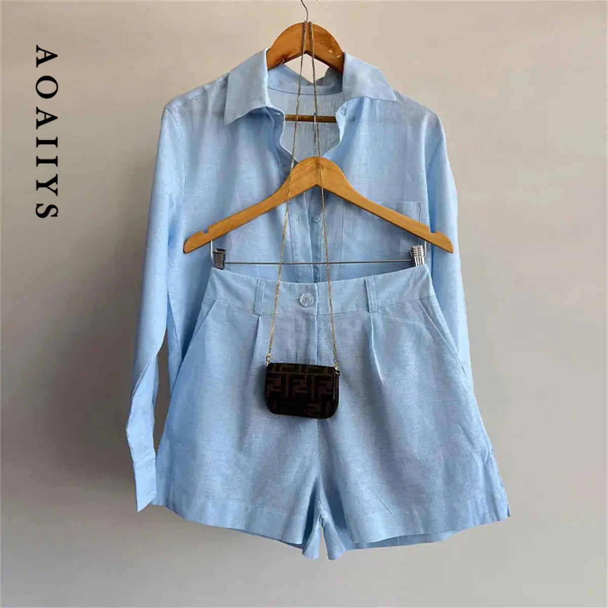 Aoaiiys Short Sets Women Shirts Long Sleeve Cotton Linen Loose Blouse High Waist Shorts Suit Summer 2 Piece Sets Womens Outfits