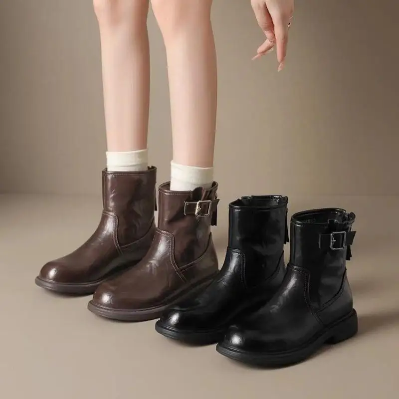 Damen Vintage Leder Stiefeletten Flache Ankle Boots Reißverschluss Hinten Schnalle Runde Spitze Bequeme Herbst Wanderschuhe Kurze Stiefel Weich Niedriger Absatz Retro Schnallenstiefel Freizeit – Detail 7