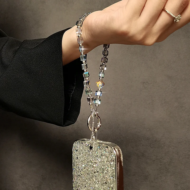 Luxury Sparkle Crystal Tassel Star Clear Beads Hand Chain Wrist Short Lanyard With Clip Mobile Phone Case Keychain Pendant Chain