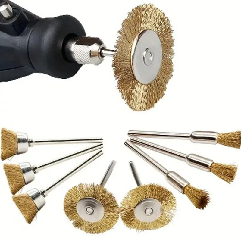 9pcs Steel Wire Brass Brush Rotary Tool Electric Dremel Drill Bit Polishing Grinding Wheel T-shaped Brush Accessories