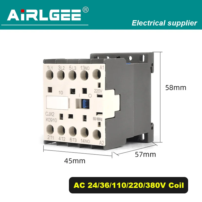 CJX2-K0910 24/36/110/220/380 Volts Coil 35mm DIN Rail 9A Three Pole 3P 1NO Mini AC Contactor