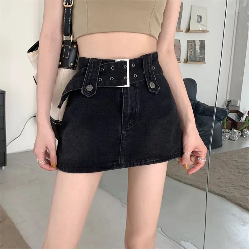 Denim Skirt Belt Buttons 2024 New Blue Fashion High Waist Mini Skirts Y2K Retro Sweet Sexy Streetwear Summer Women Skirt