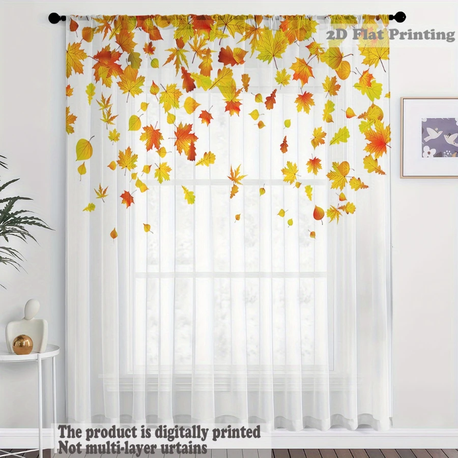 1pc Autumn Maple Leaf Sheer Curtain, Fall Leaves Light Filter Voile Tulle Drape, Seasonal Window Decor for Bedroom Indoor Home