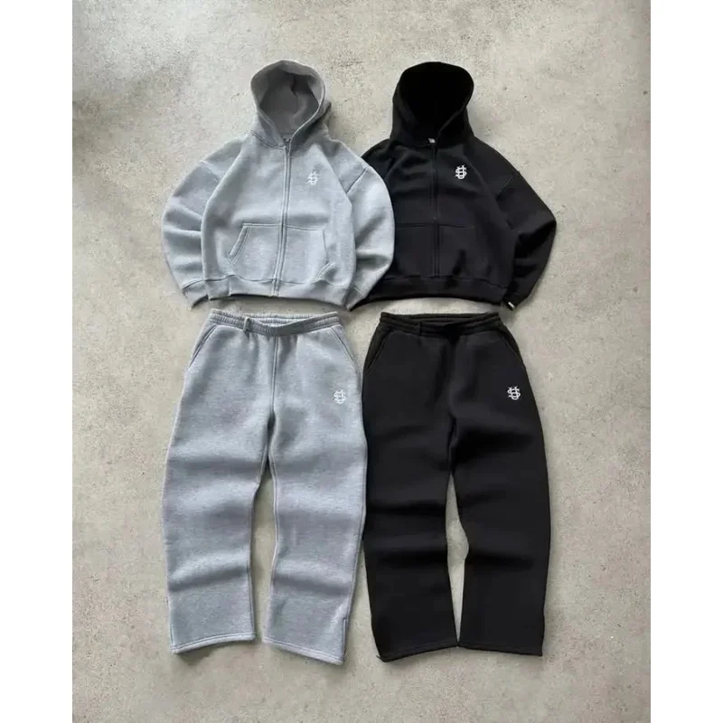 

♥ 2026 New 2025 Y2K Oversized Hoodie Zipper Embroidery Sweatshirt with Hood for Men and Women Harajuku Fashion Pants 2pcs S