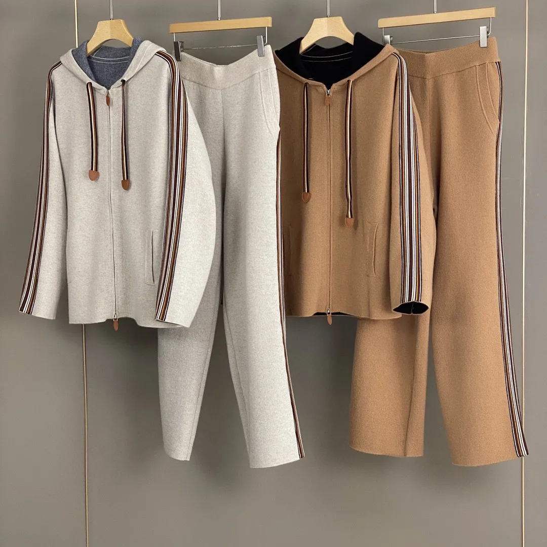 Color Contrast Women's Cashmere Pants Suit Autumn Winter Long Sleeve Hooded Cardigan or Elastic Waist Straight Long Pants