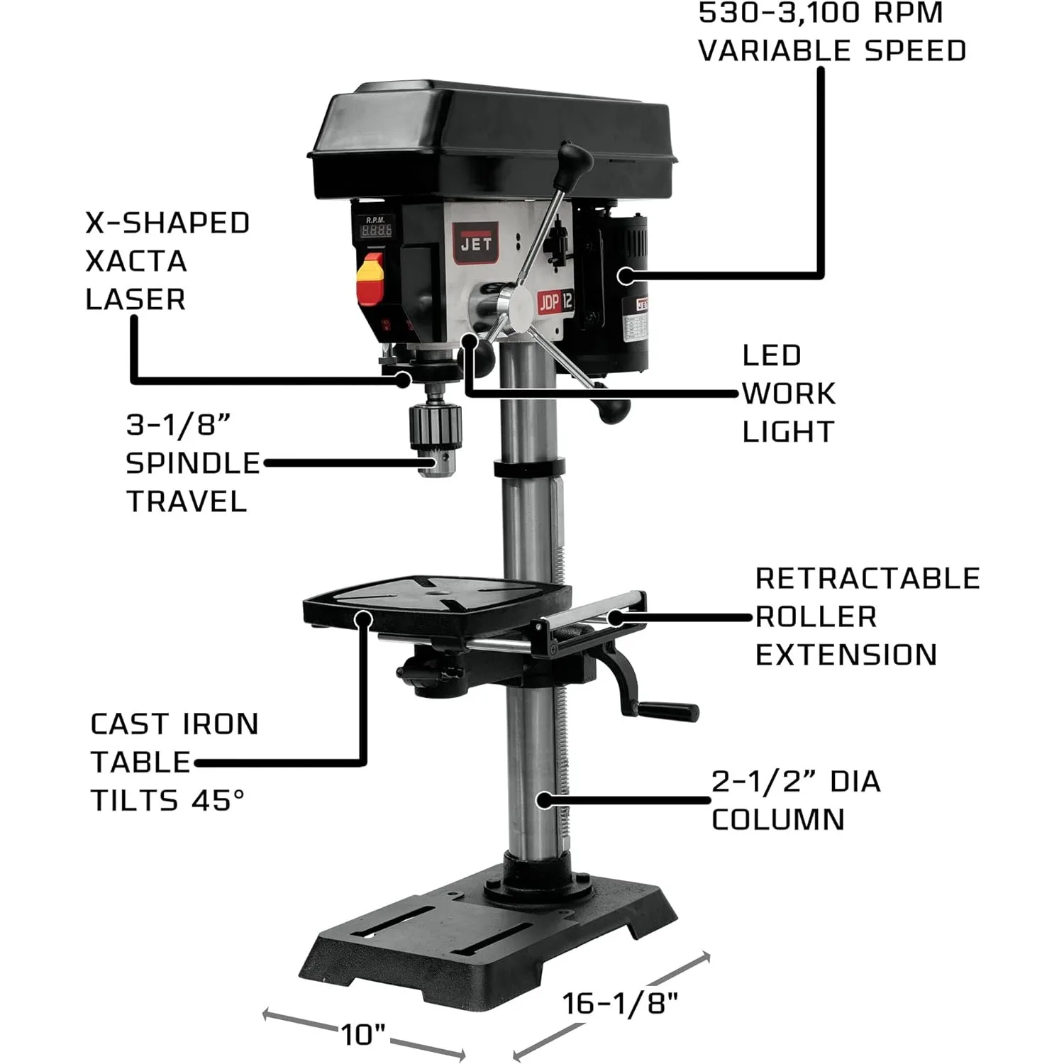 NEW 12-Inch Variable-Speed Benchtop Drill Press, 1/2 HP, 1Ph 115V (Model JWDP-12)