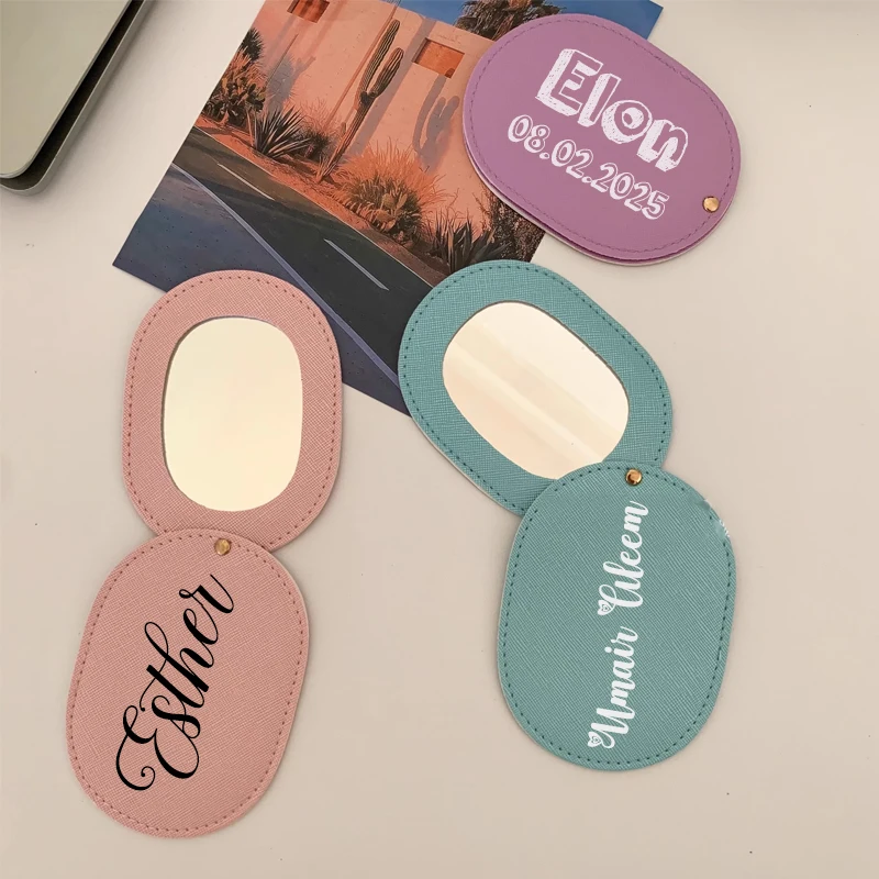 1pcs מותאם אישית pu עור אולטרה-דק סגלגל מראה נירוסטה דו צדדי קוסמטי מראה קיפול כיס