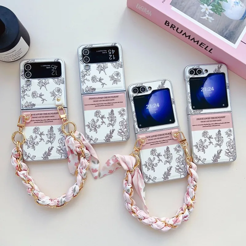 New Full Screen Sketch Rose Samsung Phone Case for Samsung Galaxy Z Flip 5 4 3 Silk Scarf Lanyard Anti Drop Phone Cover