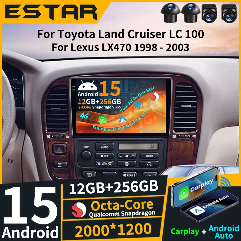 Carplay Inalámbrico Android 15 para Lexus LX470 y Toyota Land Cruiser LC 100 1998-2003, Radio para Auto con Pantalla QLED, RDS, WIFI y Bluetooth