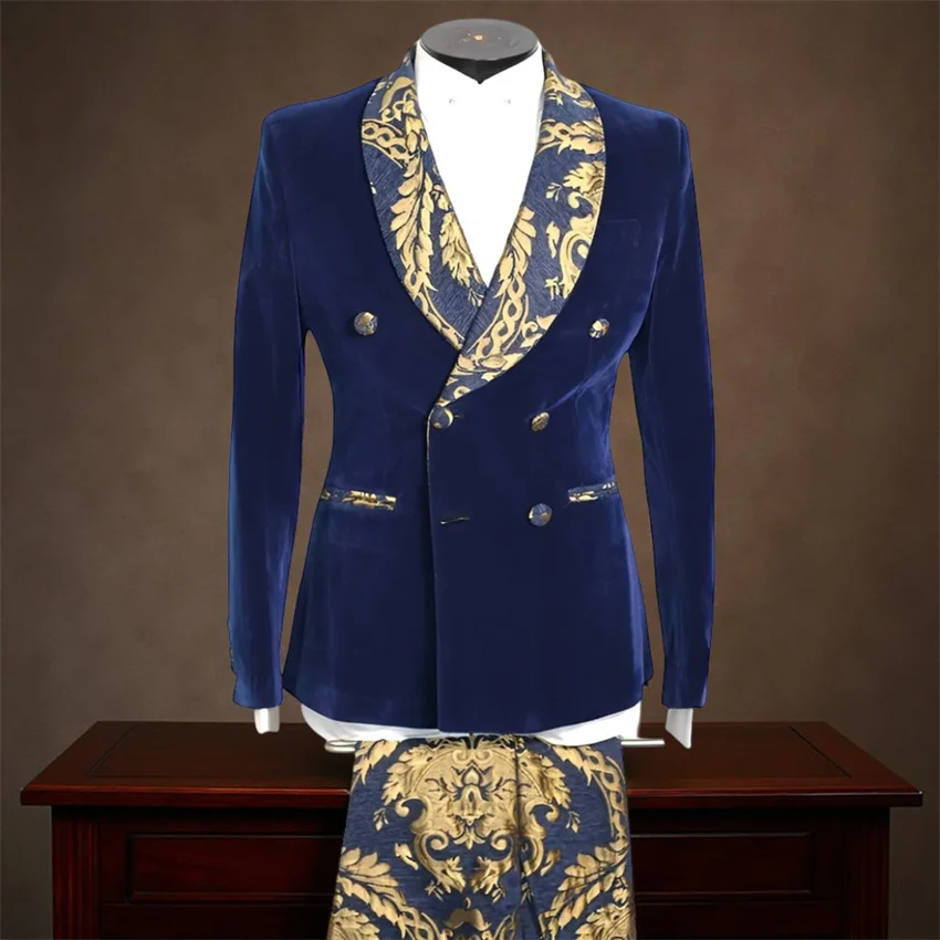 

Velvet Double Breasted Suit for Men Groom Wedding Tuxedo 2 Pieces Floral Set Formal Outfit Fashion Suit Jacket with Pants