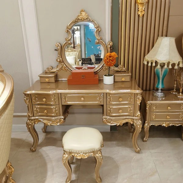 European Bedroom Dressing Furniture Luxury Carved Solid Wood Drawer Cabinet Dressing Table Set With Mirror And Stool