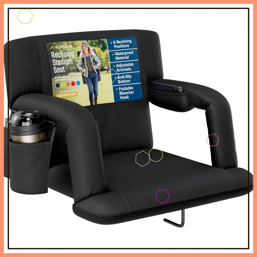 مقعد استاد محمول مع دعم للظهر - وسادة سميكة ومساند للذراعين وجيوب جانبية للمناسبات الرياضية #1