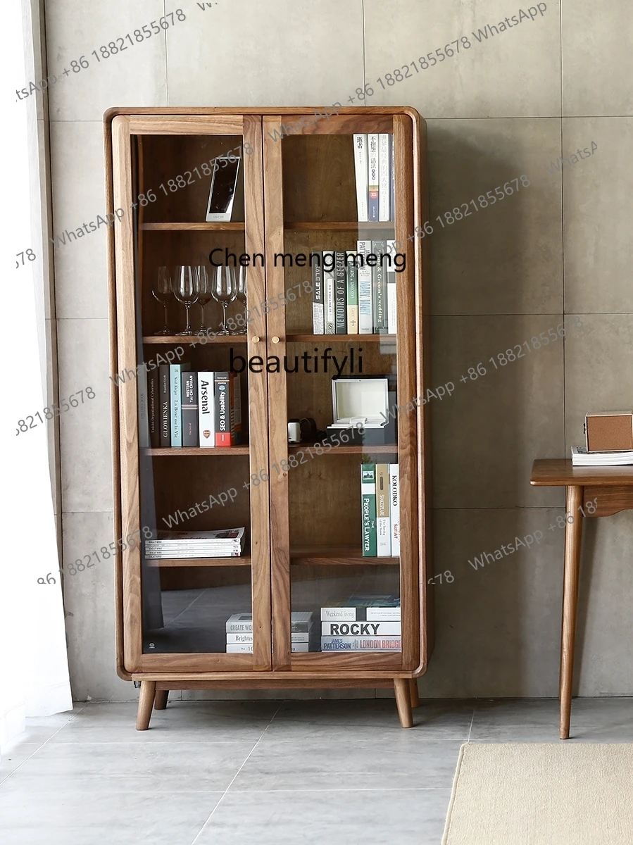 

North America Black Walnut Wooden Bookcase Solid Wood Nordic Simple Storage Cabinet Living Room Full Wall Bookshelf