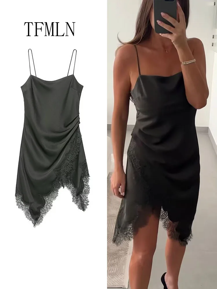 Sexy Women Lace Patchwork Pleated Dress Elegant Chic Sleeveless Camisole Dress Asymmetrical Party Dress 2026 Spring Summer