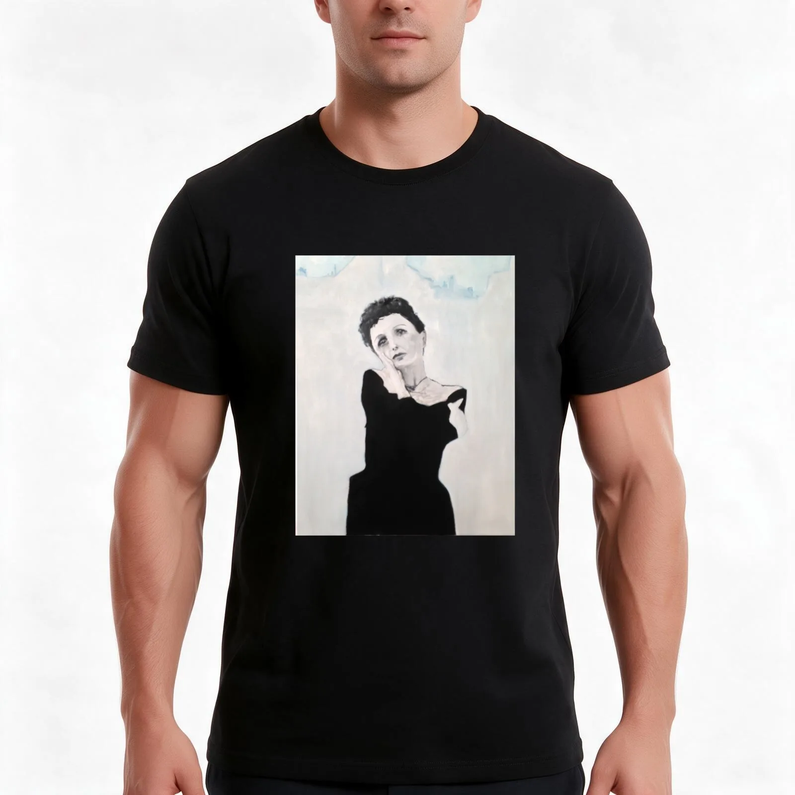 Edith Piaf Portrait Painting T-Shirt, Summer Casual Cotton Tee, Oversized Streetwear Tops, Vintage Graphic Print, 100% Cotton