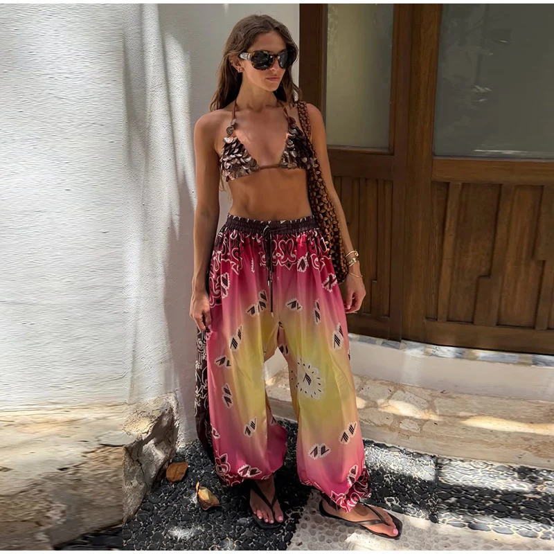 2026 Summer Gradient Contrast Print Harem Pants Oversize Baggy Elastic Waist Boho Trousers Women New Trendy Classy Lady Bottoms